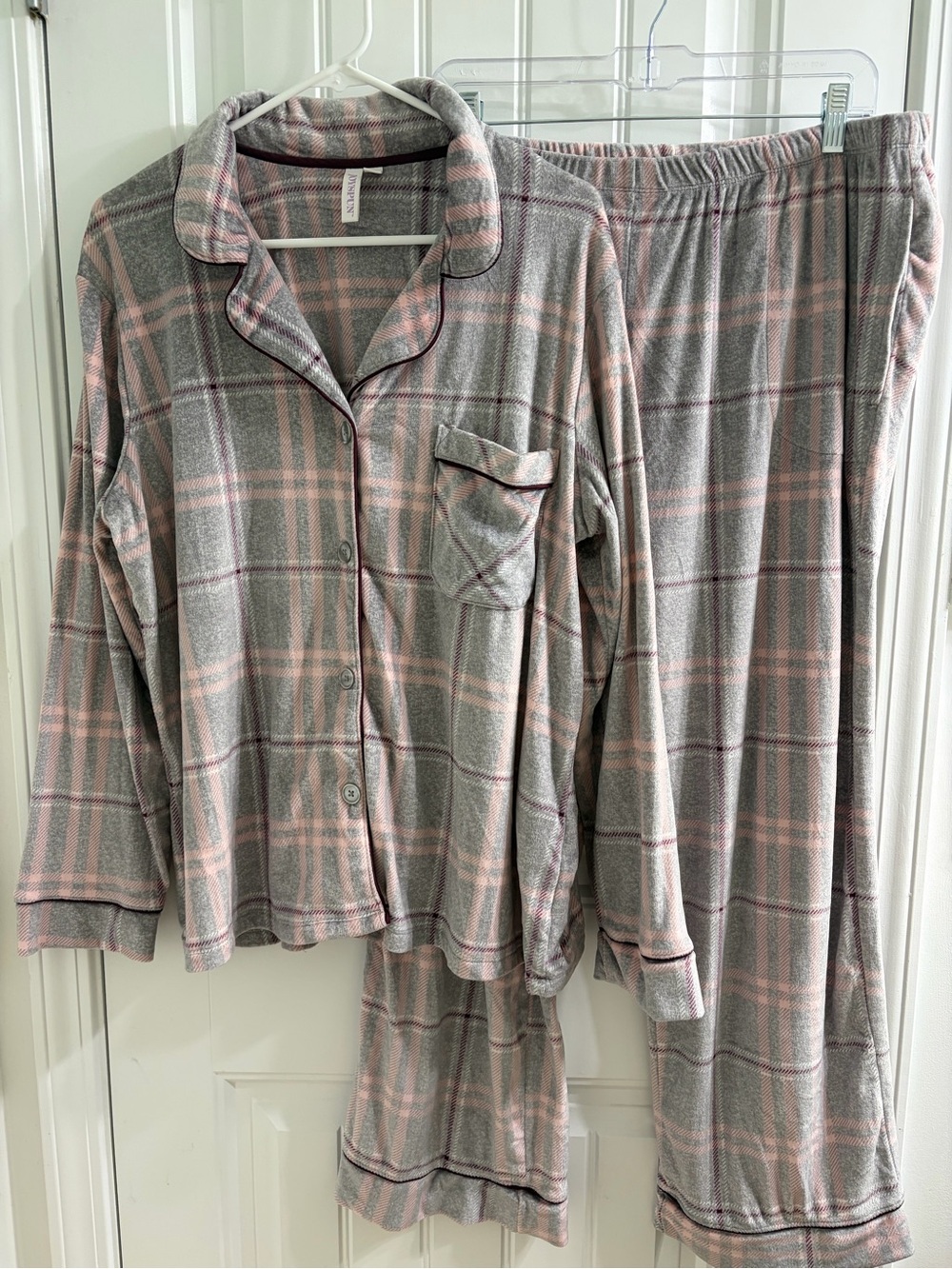Joyspun Women’s Stretch Velour Plaid Fleece Pajama Set Pink & Gray XL - Picture 3 of 10
